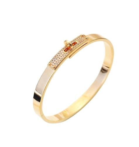 FOMCORT 18K Gold Plated Turn Lock Bracelet with Cubic Zirconia,Classical Fashion Stainless Steel Bangle Bracelet for Men and Womens - Gold - Image 1