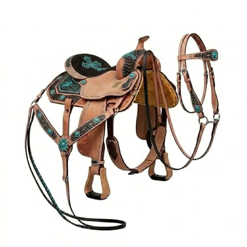 EQUESTROUS Treeless Western Leather Saddle Tack Set - Floral Hand-Tooled Horse Saddle with Matching Headstall & Breast Collar Color (Turquoise, 11" Seat Size) - Image 1