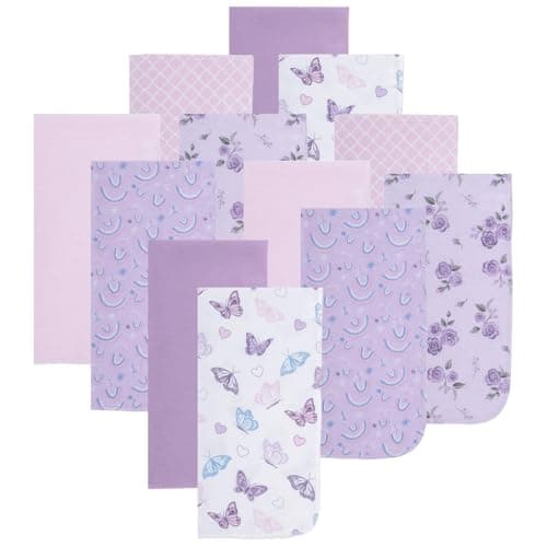 EVERYDAY KIDS 12 Pack Burp Cloths for Baby Girl; Newborn Essential with - Large Absorbent Cotton Flannel Purple/Pink Burping Cloths for Babies with Butterfly, Floral and Rainbow Prints and Solids - Image 1