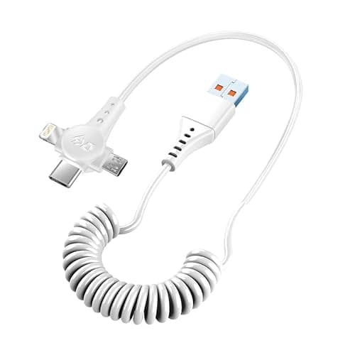 AMITOME 3 in 1 USB-A Carplay Cable 1.5M,3A Universal Charging Cable with USB-C/Micro USB and IP Port,Coiled Cable for Car Retractable Fast Charging Cord Compatible with Most Cell Phones - White - Image 1