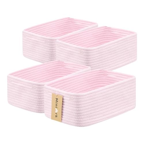 MiniArk Small Storage Baskets for Organizing | Closet Organizer Bins | Shelf Toy Basket | Woven Rope Baskets | Cube Decorative Box | Shallow Basket | 13x8.5x5.1” | 4 Packs Light Pink - Image 1