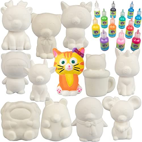 DIY Jumbo Animal Squishies 3.5" -6" (12pc) & Fabric Paint (12 Bottles) Combo Pack- White Kawaii Slow Rising Squishy Toys for Drawing, Painting, Decorating - Scented Stress Relief Craft - Image 1