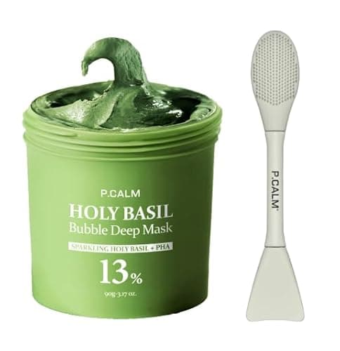 P.CALM Holy Basil Bubble Deep Mask + BRUSH – Holy Basil & Carbonated Water for Cleansing Pores & Blackheads, Korean Clay to Bubble Wash-Off Pack, Stocking Stufffers (90g / 3.17 oz) - Image 1
