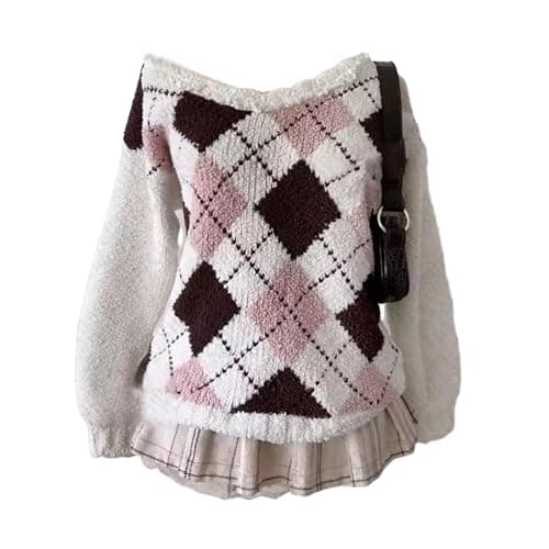 Coquette Off Shoulder Fold Over Sweater Women Argyle Sweater Fairy Grunge Y2k Cute Fall Outfits 2000s Mcbling - Image 1