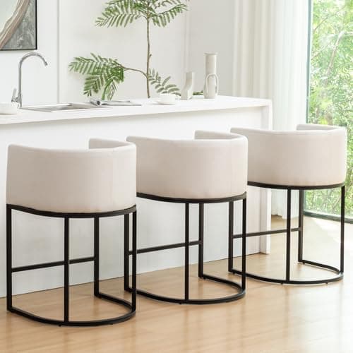 Riknuxi Counter Height Bar Stools Set of 3, Modern Bar Stool with Back, Barrel Bar Chairs with Metal Frames, Upholstered Barstools for Kitchen Island, Pub, Club (Beige) - Image 1
