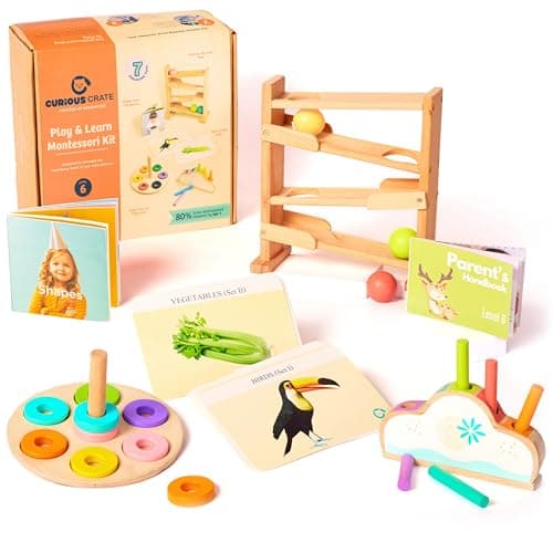CURIOUS CRATE Wooden Montessori Toys Box for Toddlers | 6 in 1 Learning Educational Toys - Wooden Ball Tracker, Ring Stacker, Pop up Toy & More | Developmental Toy Set & Gift for 13 Months+ - Image 1