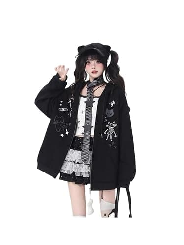 Xojbzoo Kawaii Cat Ear Zip Up Hoodie with Adjustable Bow Women's Oversized Y2K Sweatshirt Coquette Style Winter Jacket - Image 1