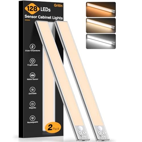Gritin 14.7inch Under Cabinet Lighting Rechargeable 2 Pack- 3 Color Temps&5 Level Brightness, Super Bright, 4 Modes, Motion Sensor, Long Lasting - Easy Installation Magnetic Under Closet Lights-Silver - Image 1