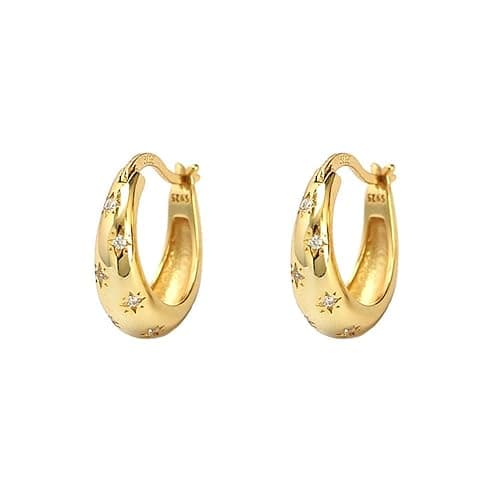 925 Sterling Silver CZ Star Chunky Small Hoop Earrings for Women Teen Sensitive Ear Dainty 14K Gold Plated Oval Crystal Stars Hypoallergenic Huggie Hoops Fashion Trendy Jewelry Christmas Gift - Image 1