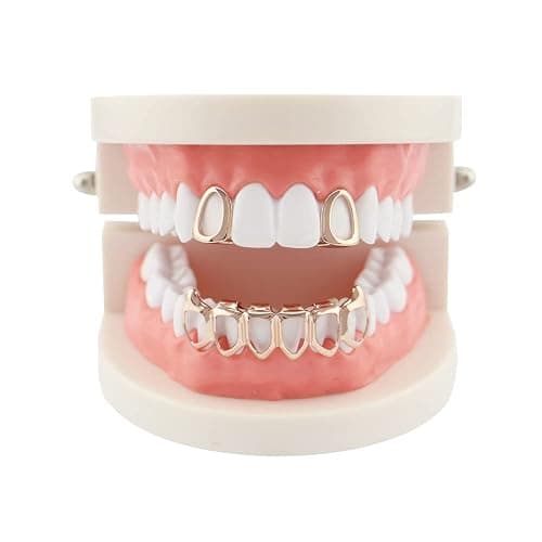Huliyhus 18K Gold Plated Hip Hop Teeth Grillz Caps Open Face 2pcs Single Top and Bottom Grills for Your Teeth Grillz Set for Men Women - Rose Gold - Image 1