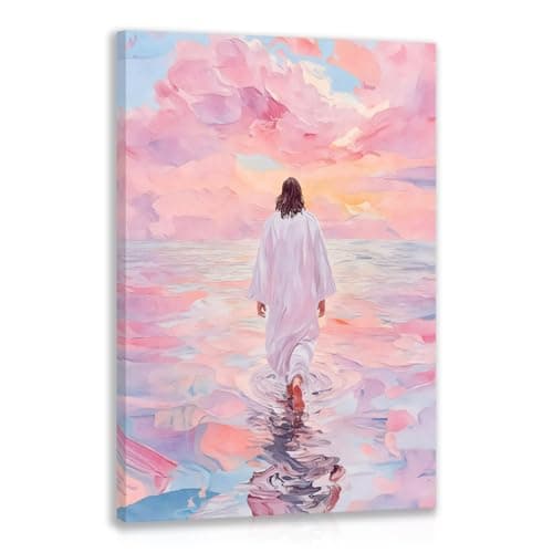 FASWQ Framed Jesus Wall Art, Pink Jesus Walking On Water Wall Decor, Minimalist Religious Savior Canvas Painting, Modern Christian Bible Aesthetic Picture for Church Hospital Prayer Areas, 16x24 Inch - Image 1