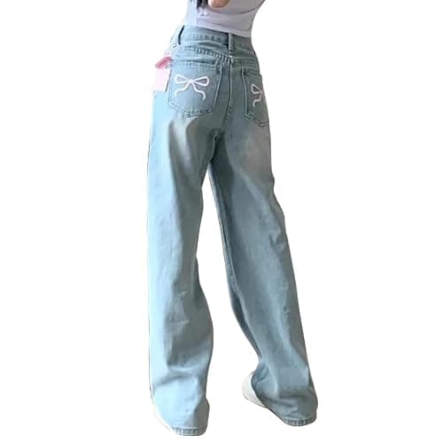 bqfpty Y2k Baggy Bow Jeans for Woman Cute Bow Wide Leg Jeans Light Wash Boyfriend Denim Pants - X-Large - Image 1