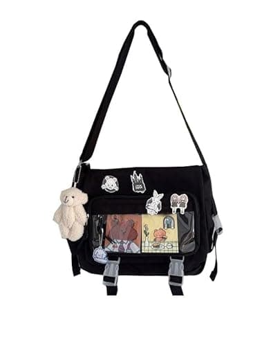 Kawaii Crossbody Bag with cute Pin and Pendant, Lightweight Japanese Messenger Bags Y2K Shoulder Bag for Women Men - B01-black - Image 1