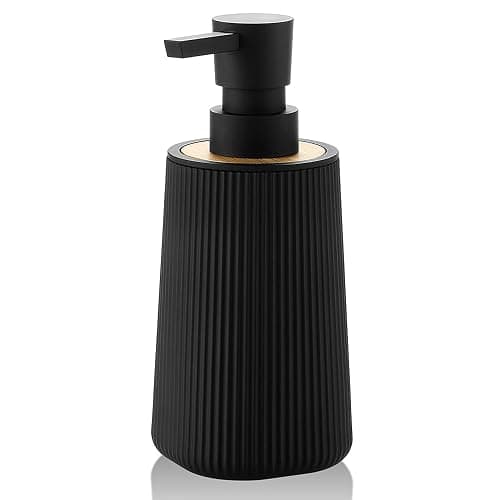Small Soap Dispenser for Bathroom and Kitchen, Modern Farmhouse Striped Style Plastic Hand Soap Dish Soap Dispenser with Bamboo Decor Black - Image 1