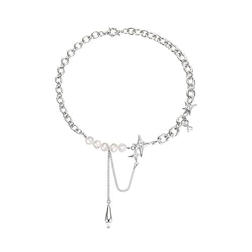 Fashion spliced clavicle chain breeding irregular star pearl necklace women's jewelry silver metal choker personality chunky necklace teardrop shape tassel clavicle chain - Image 1
