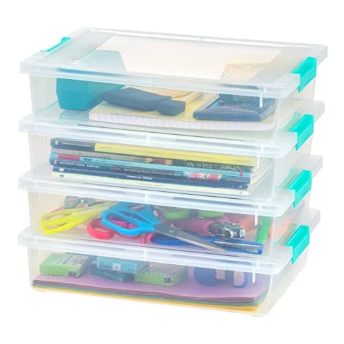 IRIS USA 6 Quart Large Clip Box, 4 Pack, Clear Plastic Storage Container Bins with Latching Lids, Organizing Container for Home, Office and School Supplies, Stackable, Seafoam Blue Buckles - Image 1