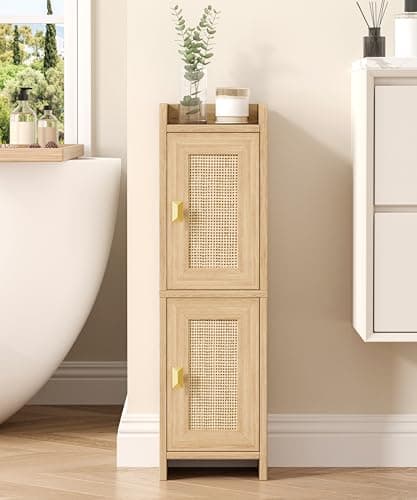 Akxomel Rattan Small Bathroom Cabinet with 2 Doors, 7.9''D x 7.9''W Narrow Toilet Paper Storage Cabinet, Bathroom Organizer for Small Spaces, Wooden Slim Corner Unit with Adjustable Shelf, Natural Oak - Image 1