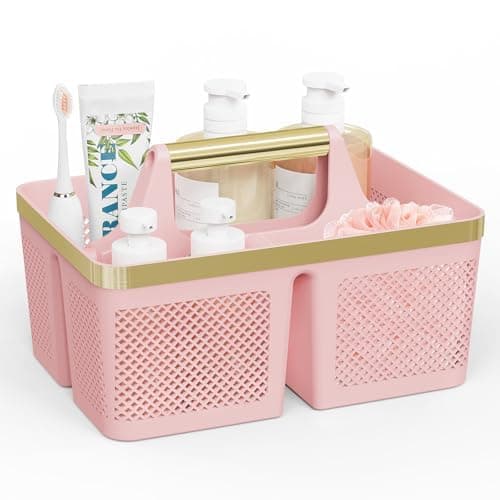 BYUNER Shower Caddy Dorm Plastic: Portable Bathroom Caddy Organizer with Handle and Holes, Cleaning Caddy, Hard Shower Basket Storage Tote for Toiletry, College Dorm Room Essentials Pink/Gold - Image 1