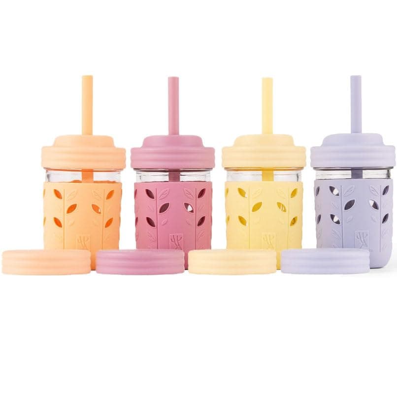 Elk and Friends 8oz Glass Kids + Toddler Drinking Cups | The Original Mason Jars with Lids + Sleeves + Straws | Smoothie Cups | Spill Resistant | Dishwasher Safe | 4 Pack - Image 1