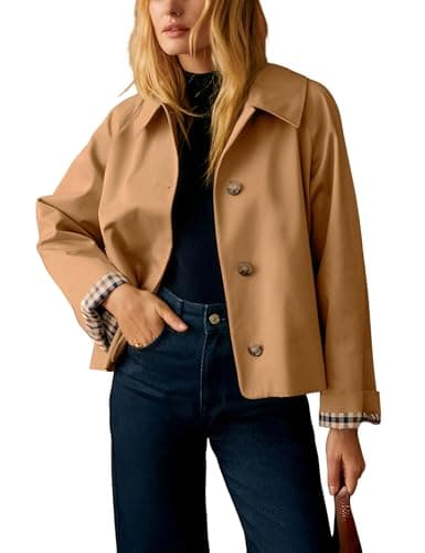 Dqbeng Womens Short Trench Jacket Plaid Lining Button Front Lightweight Classic Casual Outerwear with Pockets (Camel-M) - Image 1