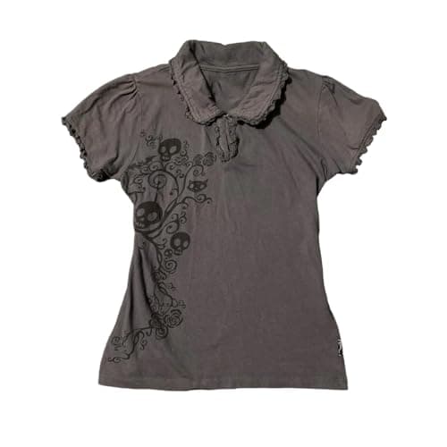 Skull Print Graphic Polo Golf Shirts for Women Lace Trim Short Sleeve Gothic Punk Tshirts Emo Tees Grunge Crop Top - Image 1