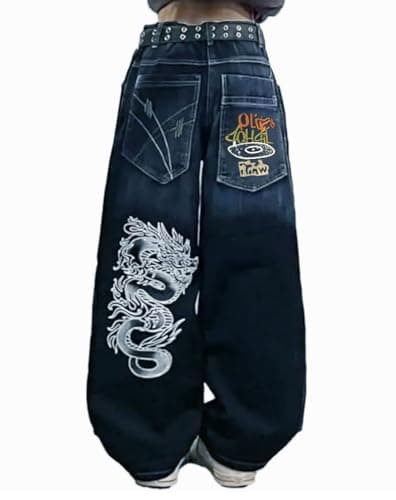 OATSBAS Unisex Y2K Hip-Hop Gothic Jeans Casual Baggy Oversize Streetwear Gragon Print Letter Graphic Retro Denim Pants - Image 1