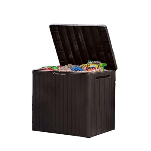 Keter City 30 Gallon Resin Outdoor Storage Box and Patio Furniture Side Table for Pool and Garden Accessories, Brown - Image 1