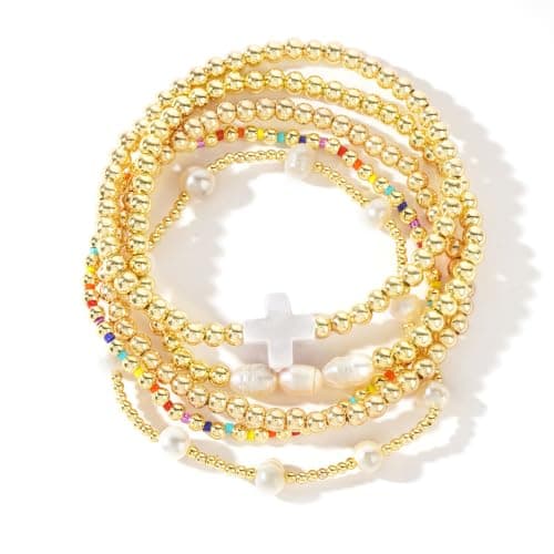 SHINUS BOHO 14K Gold Pearl Beaded Cross Bracelets Stack Set for Women,Stretch Boho Colorful Christian Beads Ball Jewelry Trendy Gift - Image 1
