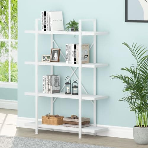 HSH 4 Tier White Bookshelf, Modern 4 Shelf Etagere Bookcase, Industrial Wood and Metal Storage Shelves and Display Book Rack, Farmhouse Open Wide Book Shelf for Bedroom Living Room Office, White Oak - Image 1