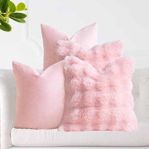 Le Sarah Set of 4 Decorative Throw Pillow Covers 18x18 – Faux Rabbit Fur & Velvet Cushion Covers for Couch, Sofa, Bed, Living Room – Soft Boho Square Pillowcases (Pink) - Image 1