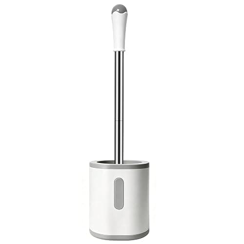 AONEZ Compact Toilet Brush & Holder, Stainless Steel Handle, Space Saving for Storage, Deep Cleaning, Drip-Proof, Easy to Assemble, Nylon Bristles, White & Grey | Stainless Steel Handle; Easy to Hide; Space Saving for Storage; Drip-Proof; Easy to Assemble; Deep Cleaning; - Image 1