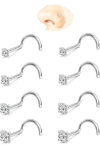 Nose Rings Studs: 8Pcs 20G/18G Gold/Silver 316L Surgical Stainless Steel Nose Studs Hypoallergenic Corkscrew Nose Piercing Stud Jewelry for Women Men Clear Cubic Zirconia Imitation Diamond Top Size 1.5mm 2mm 2.5mm 3mm - Image 1