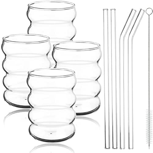 SevenMye 4 Pack Creative Beer Glasses Cups Ripple Shaped Vintage Clear Drinking Glasses with Straws Set Cute Drinking Glasses Coffee Glasses Ribbed Glassware Aesthetic Cups for Kitchen Juice Beverage - Image 1