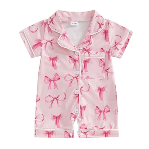 Newborn Summer Pajamas Baby Boy Girl Button Down Romper Cute Infant Sleepwear One-Piece Pjs - Bow&pink - 0-3 Months - Image 1