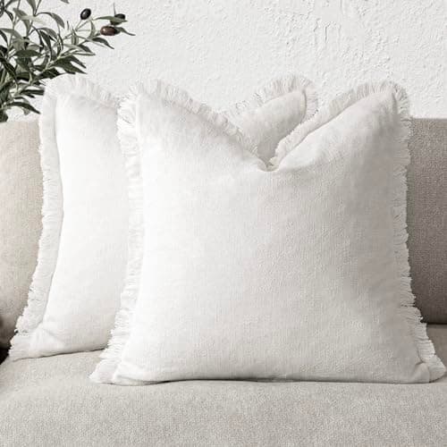 Foindtower Set of 2 Decorative Linen Fringe Throw Pillow Covers Cozy Boho Farmhouse Cushion Cover with Tassels Soft Accent Pillowcase for Couch Sofa Bed Living Room Home Decor,22×22 Inch,White - Image 1