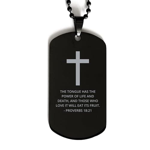 DARIN GIFT Bible Verse Black Dog Tag, Proverbs 18:21 Motivational Inspirational Quotes Gifts Cross Faith Engraved Stainless Steel Chain Necklace For Men Women Kids - Image 1
