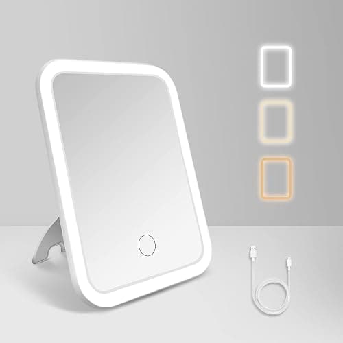tekstap Touch Dimming Makeup Mirror, 3 Color Light Up Mirror, Portable Vanity Mirror for Travel/Dressing Table/Bedroom, Girls Gift (Square), White, (M007) - Image 1