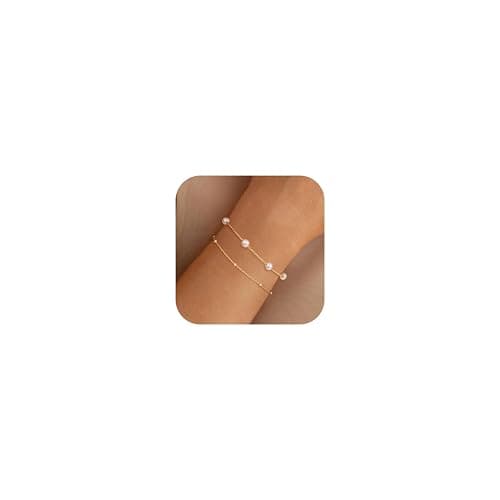 NECOCY 14k Gold Plated Pearl Bracelets for Women,Dainty Bracelets Stack Pearls Beaded Link Chain Charm Bracelets Set Layered Non Tarnish Tiny Jewelry for Women - Image 1