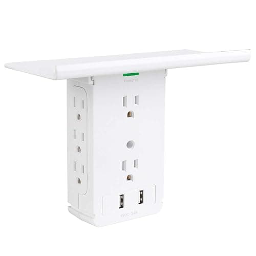 Socket Wall Shelf-CFMASTER 10 Port Surge Protector Wall Outlet, 8 Electrical Outlet Extenders and 2 USB Ports 2.4A, with Removable Built-In Shelf, FCC Listed (1, White) - 2 USB-A - White - Image 1
