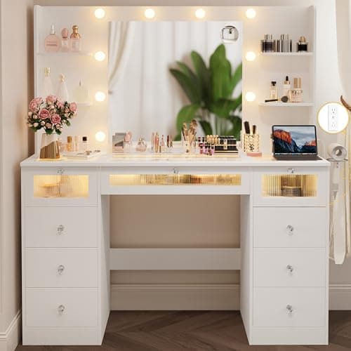 VQRhome White Vanity with Lighted 23.5” Mirror, Glass Top Vanity Desk with 9 Drawers & 3 Color Hollywood Bulbs & 4 Shelves & Acrylic & Power Outlet, Makeup Desk Dressing Table for Bedroom - Image 1