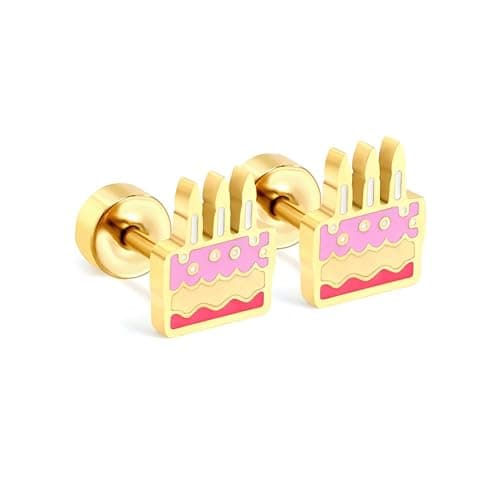 20g Birthday Cake Gold Plated Flat Screw Back Small Stud Earrings for Women Minimalist Cute Surgical Steel Happy Birthday Pink Enamel Piercing Sleeper Tiny Studs Hypoallergenic Unique Birthday Gift for Daughter Her - Image 1
