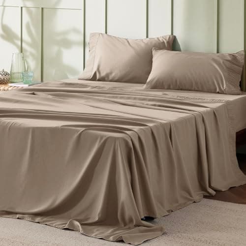 Bedsure Queen Sheet Set - 4 Pieces Soft Queen Size Sheets - Breathable & Cooling - Hotel Luxury - Easy Care Polyester Microfiber Bedding for Kids, Women, Men, Light Khaki - Image 1