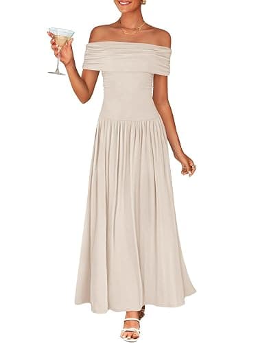 ZESICA Women's Off The Shoulder Maxi Dress 2026 Summer Sleeveless Casual Slim Swing Pleated Formal Party Dresses - Image 1