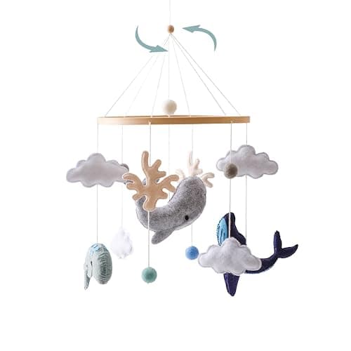 Montessori Baby Mobile for Crib Ocean Animals Crib Mobile Woodland Nursery Decor Soothe Toys for Ceiling Hanging Felt Ball Sea Blue Whale, White Clouds Baby Shower for Boys Girls Gifts - Image 1