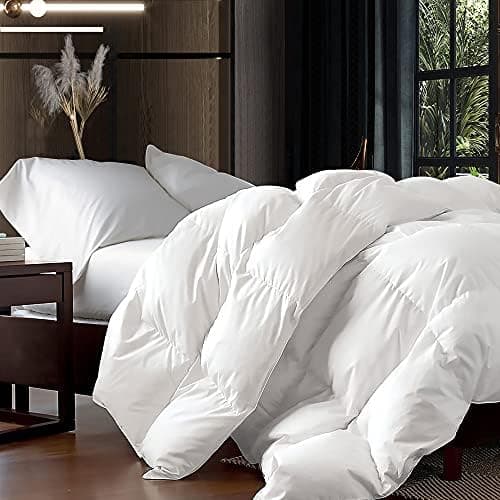 Luxurious King/California King Size Goose Down Fiber Waterfowl Feather Fiber Comforter Duvet, 100% Egyptian Cotton Cover, 58 oz. Fill Weight, Baffle Box Design, White Solid - King - Image 1