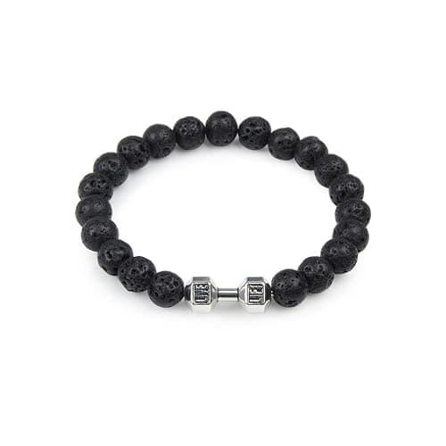 GAUEIOUR Black Dumbbell Bracelet for Men,Volcanic Lava Stone Adjustable Natural Stone Beads Bracelet,Fitness Alloy Barbell Charm Jewelry Gifts for Men - Image 1