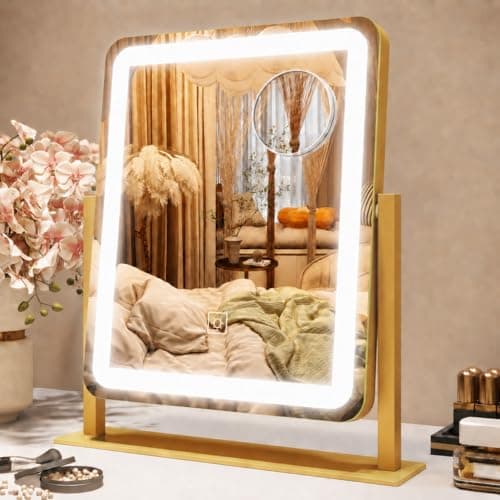 ROLOVE Vanity Mirror with Lights, 12.6"×15" LED Makeup Mirror, Lighted Makeup Mirror with Lights, Smart Touch Control Dimmable 3 Modes Light, Lighted Up Mirror for Makeup Desk, Gold - Image 1