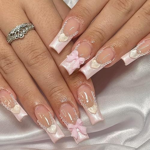 24Pcs Pink French Tip Press on Nails Long Square Fake Nails with 3D Bow Heart Glue on Nails Valentines False Nails Glossy Nude Pink Stick on Nails Cute Bow Acrylic Nails for Women Daily Wear Manicure - Image 1
