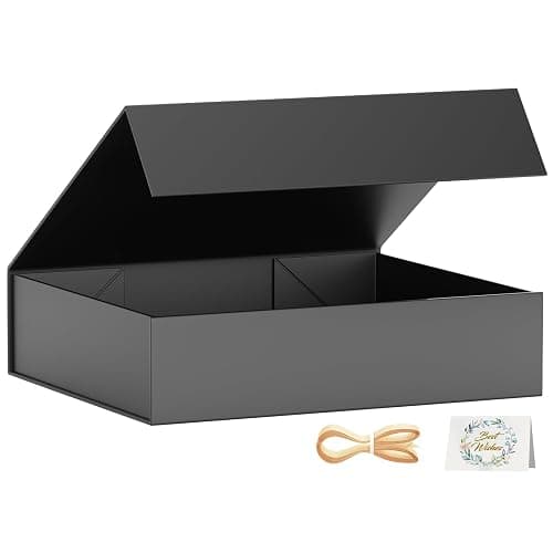 PSHVYM Gift Boxes with Lids, 11.5x7.8x3 In Black Gift Box for Presents Magnetic Closure for T-Shirts, Gloves, Scarves, Books, Baby Clothes, Robes Clothing Gift Wrap, Contains Card, Ribbon - Image 1