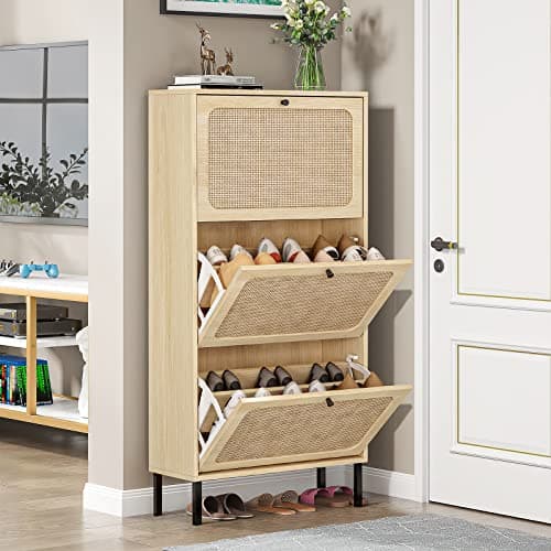 3 Flip Drawer Shoe Cabinet Natural Rattan Organizer Freestanding Wooden Shoe Rack Storage Cabinet with Metal Legs for Entryway Hallway Bedroom Mudroom - Image 1